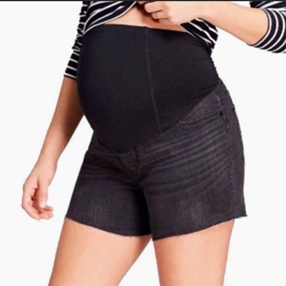 Nwt MATERNITY BLACK DENIM SHORTS ISABEL CROSSOVER - Picture 1 of 8